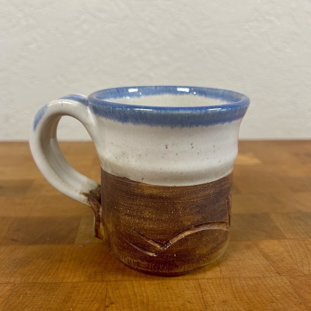 Hand Thrown Studio Pottery Mug Rustic Stoneware Blue White Brown Glaze Stamped
